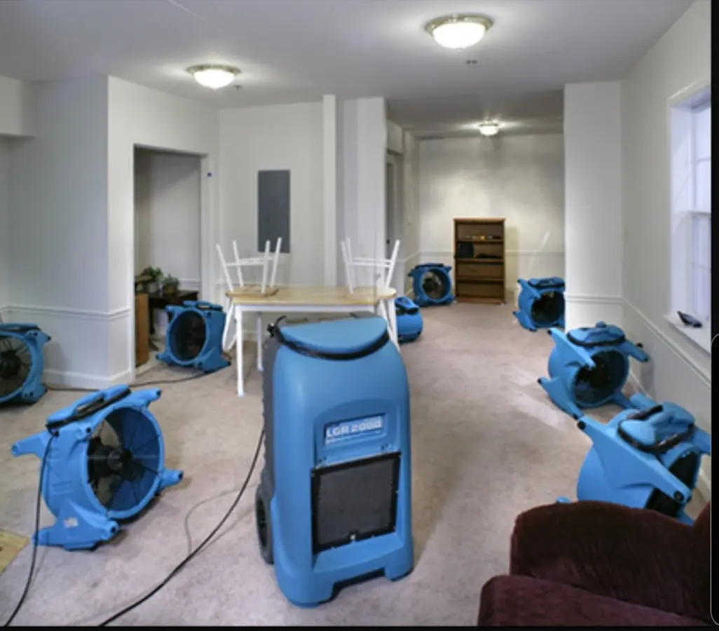 Air movers and dehumidifier setup for Water Damage Restoration in Northumberland